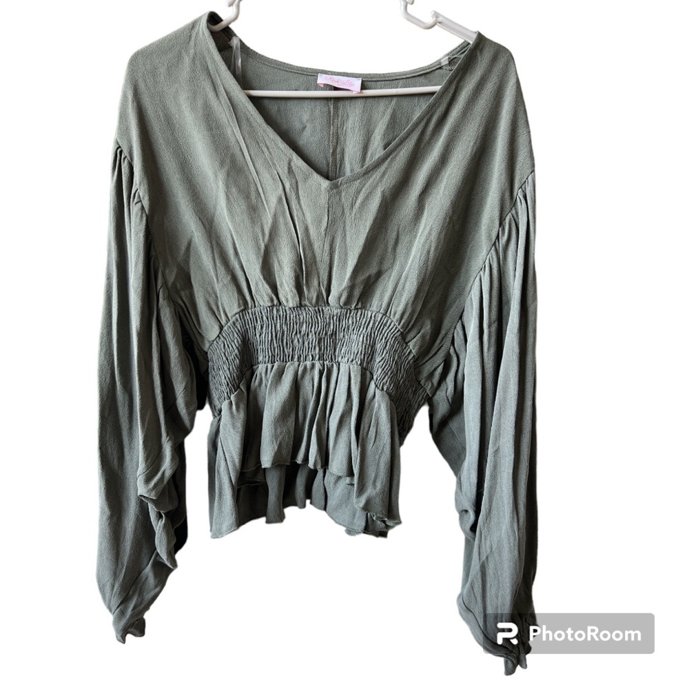 Pink Lily Sage Green Smocked Blouse
